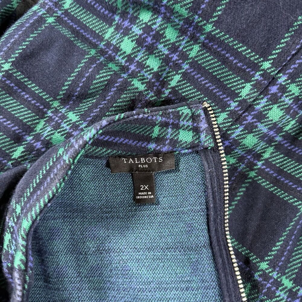 Talbots Plus Funnel Neck Blouse Mod Plaid Navy Green 2X - Picture 3 of 3